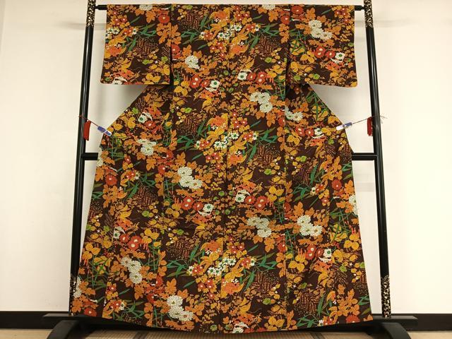 平和屋着物▽小紋 単衣 手描き 草花文 AABI2135jh