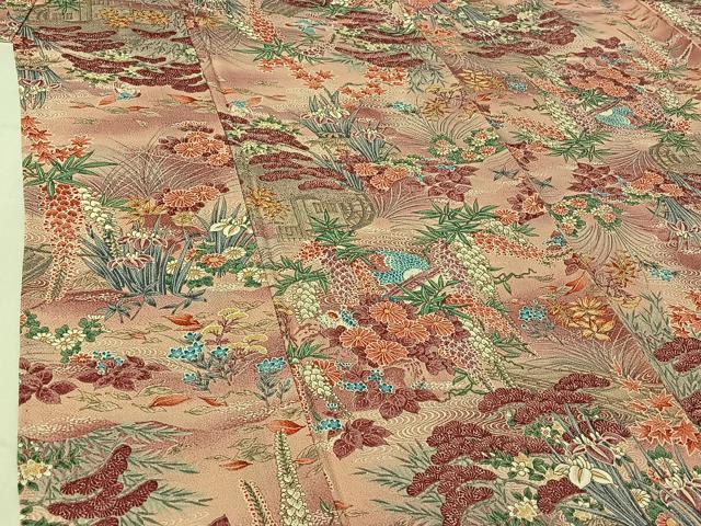 平和屋着物▽上質な小紋 単衣 風景花鳥文 暈し染め 鬼しぼ縮緬 正絹 逸品 AABI2141jh