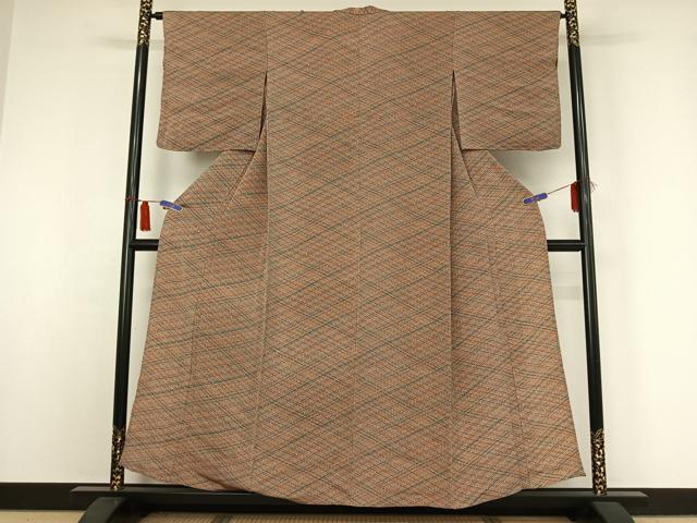 平和屋着物▽上質な小紋 単衣 作家物 網目文 鬼しぼ縮緬 正絹 逸品 AABI2146jh