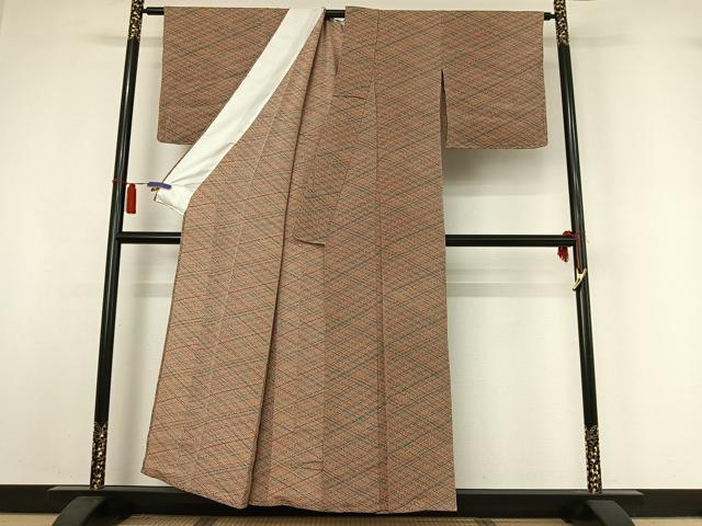 平和屋着物▽上質な小紋 単衣 作家物 網目文 鬼しぼ縮緬 正絹 逸品 AABI2146jh