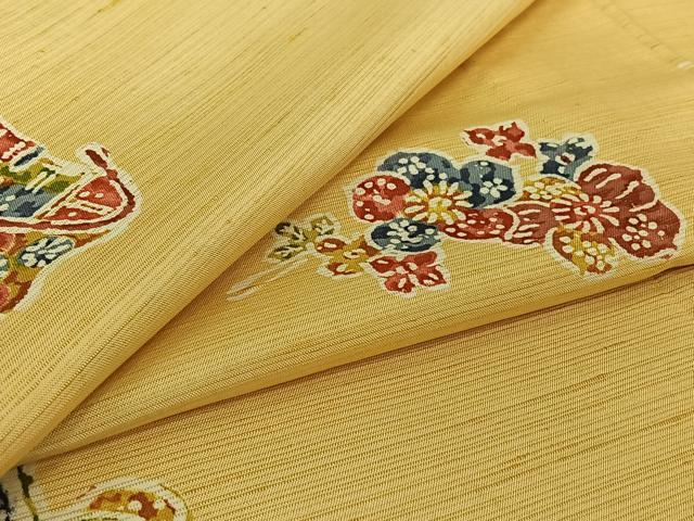 平和屋着物▽上質な紬 単衣 草花文 正絹 逸品 AABI2162jh