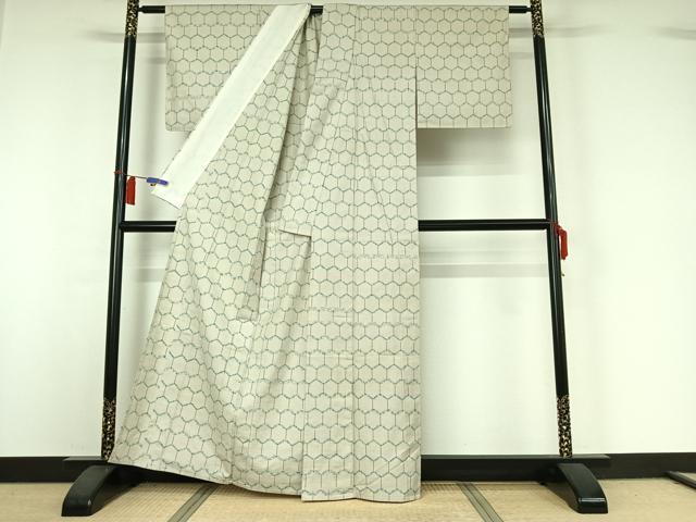 平和屋着物▽上質な紬 単衣 亀甲柄 正絹 逸品 AABI2173jh