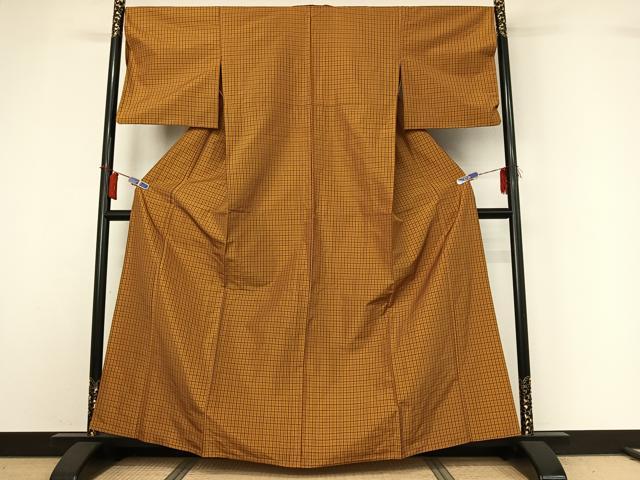 平和屋着物▽本場黄八丈 平織 紬 単衣 格子 正絹 逸品 AABI2192jh