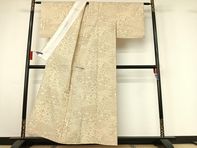 平和屋着物▽本塩沢 単衣 雲取り吉祥花文 正絹 逸品 AABI2196jh