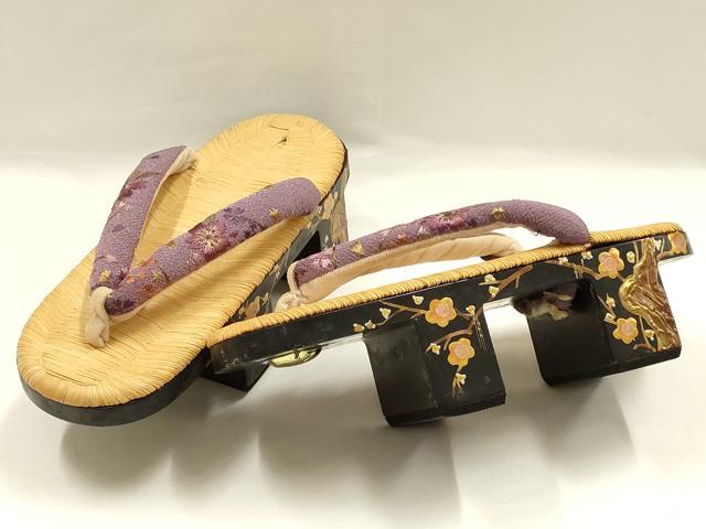 平和屋着物●和装小物 下駄 畳表 鼻緒刺繍 花柄 枝梅 金彩 螺鈿 逸品 AABI2302ay