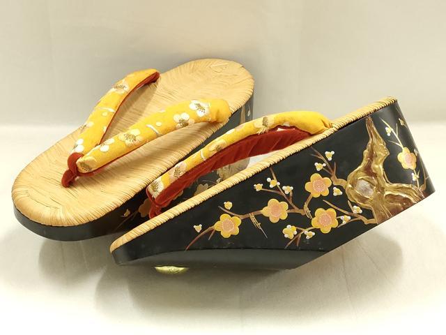 平和屋本店●女の子 子供 ぽっくり下駄 おこぼ こっぽり下駄 金蒔絵 畳表 枝梅 螺鈿 花緒刺繍 金糸 逸品 AABI2311ay