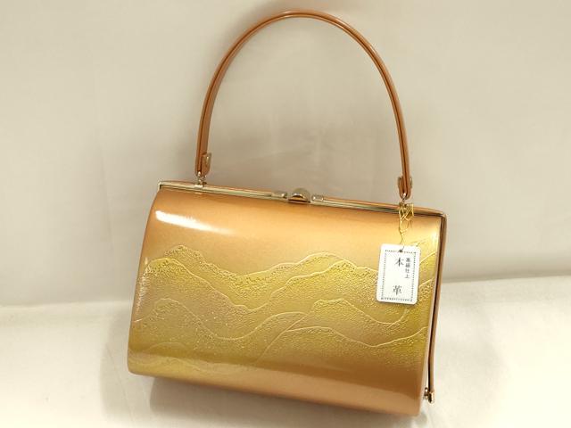 平和屋着物●和装小物 和装バッグ・草履セット ハンドバッグ 道長文様 本革製品 金彩 逸品 AABI2319ay