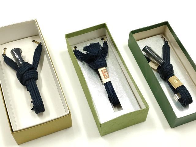 平和屋着物▼男性 和装小物 羽織紐3点 平組 青色系 切り房・撚り房 正絹 逸品 未使用 AABI2328ay
