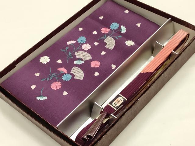 平和屋着物●和装小物 帯締め・帯揚げセット 高麗組 暈し 刺繍 舞花文 地紙 正絹 逸品 未使用 AABI2381ay