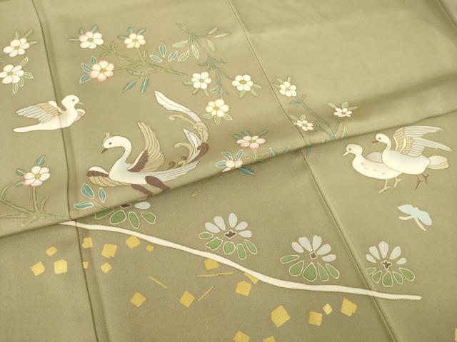 平和屋着物●京友禅 米沢新之助 訪問着 駒刺繍 花鳥文 金彩 正絹 逸品 AABI2403ck