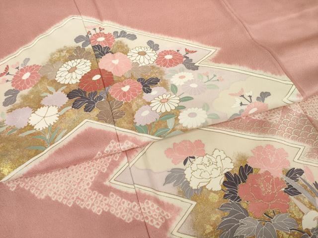 平和屋着物●訪問着 友禅 絞り 松皮菱花文 金彩 正絹 逸品 AABI2417ck