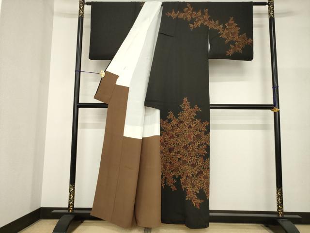 平和屋着物●訪問着 枝花文 黒地 正絹 逸品 AABI2437ck