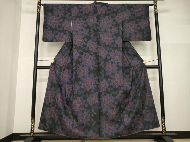 平和屋着物●本場大島紬 一元7マルキ 枝花文 黒地 正絹 逸品 AABI2443ck