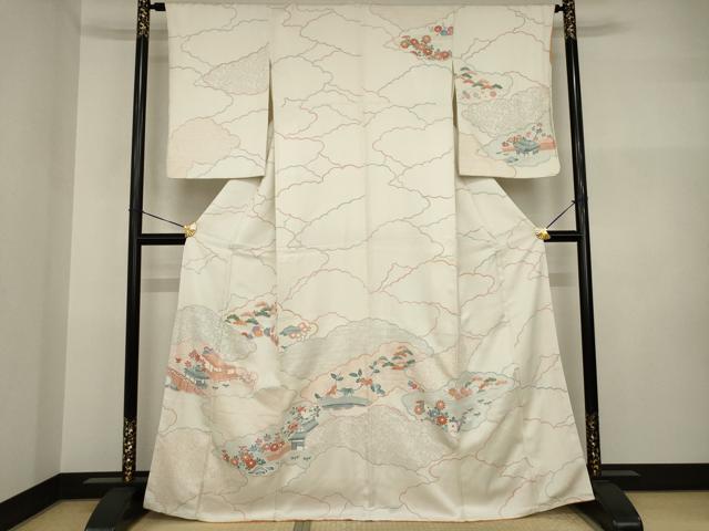 平和屋着物●訪問着 友禅 刺繍 雲取り風景花文 正絹 逸品 AABI2456ck