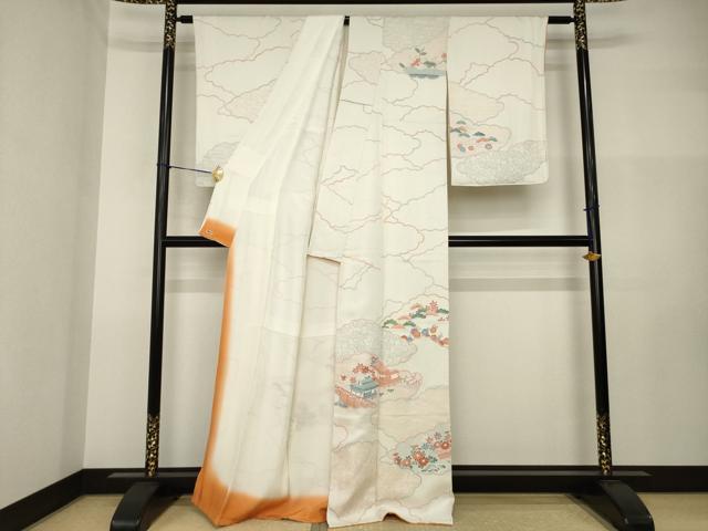 平和屋着物●訪問着 友禅 刺繍 雲取り風景花文 正絹 逸品 AABI2456ck