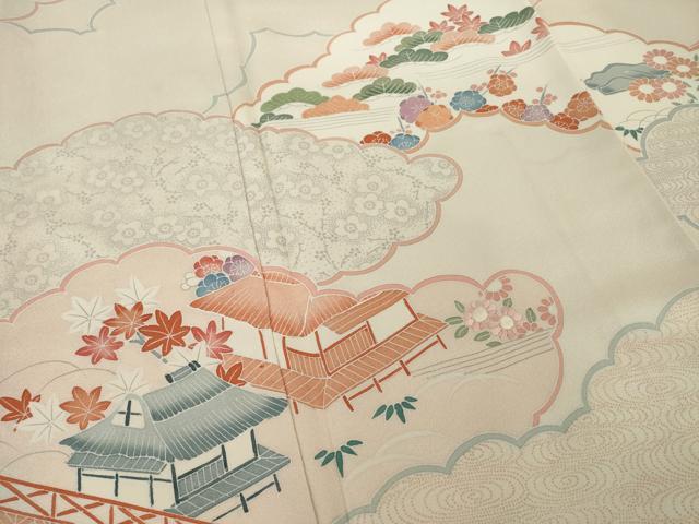 平和屋着物●訪問着 友禅 刺繍 雲取り風景花文 正絹 逸品 AABI2456ck
