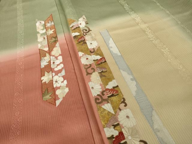 平和屋着物●訪問着 相良刺繍 矢羽花文 暈し染め 金彩 正絹 逸品 AABI2461ck