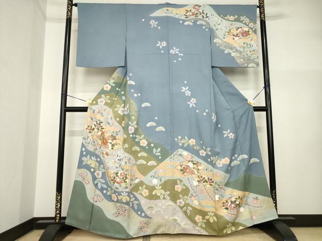 平和屋着物●訪問着 友禅 絞り 流水鴛鴦地紙花文 金彩 正絹 逸品 AABI2467ck