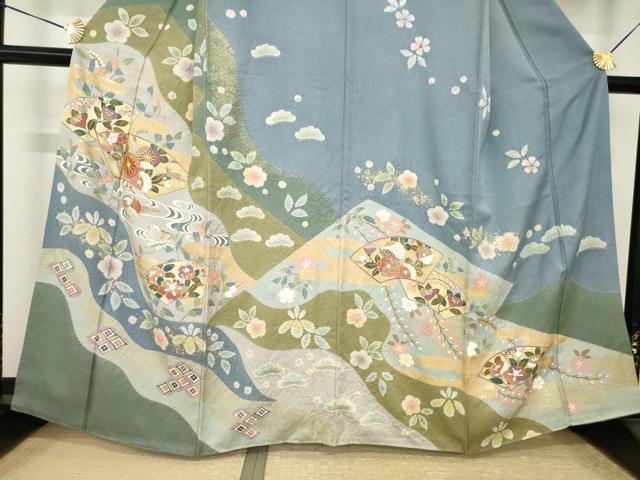 平和屋着物●訪問着 友禅 絞り 流水鴛鴦地紙花文 金彩 正絹 逸品 AABI2467ck
