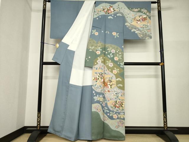 平和屋着物●訪問着 友禅 絞り 流水鴛鴦地紙花文 金彩 正絹 逸品 AABI2467ck