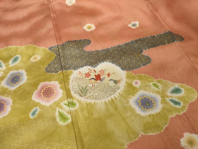 平和屋着物●訪問着 絞り 刺繍 鴛鴦吉祥花文 金彩 正絹 逸品 AABI2469ck