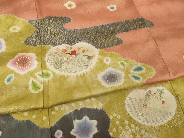 平和屋着物●訪問着 絞り 刺繍 鴛鴦吉祥花文 金彩 正絹 逸品 AABI2469ck