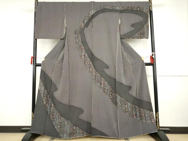 平和屋着物●訪問着 更紗花文 黒地 正絹 逸品 AABI2483cs
