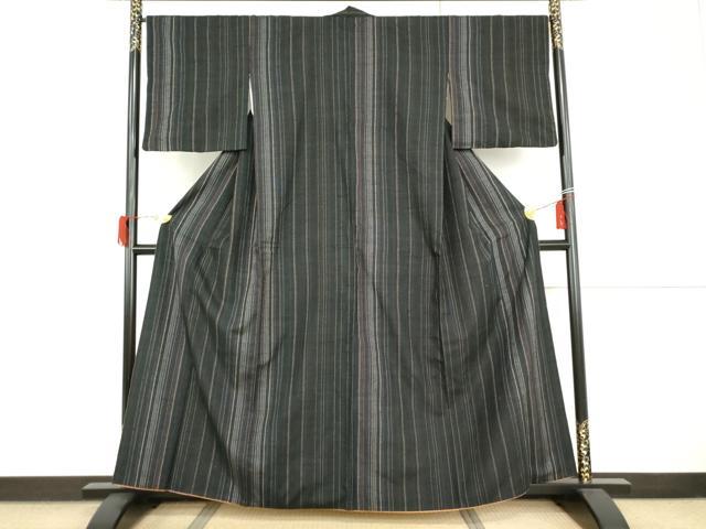平和屋着物●上質な紬 縞 黒地 正絹 逸品 AABI2507cs