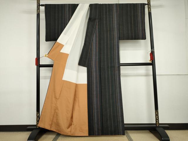 平和屋着物●上質な紬 縞 黒地 正絹 逸品 AABI2507cs