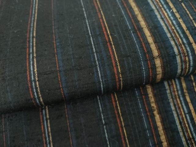 平和屋着物●上質な紬 縞 黒地 正絹 逸品 AABI2507cs