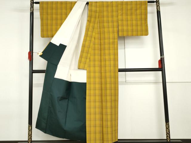 平和屋着物●本場黄八丈 紬 平織 格子 正絹 逸品 AABI2523cs