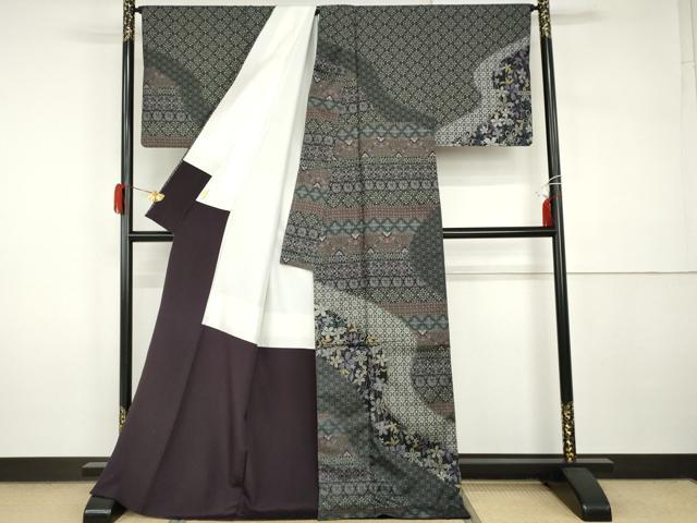 平和屋着物●本場大島紬 染大島 訪問着 吉祥花文 黒地 ロング丈 正絹 逸品 AABI2531cs