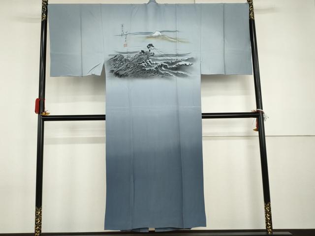 平和屋着物●男性 長襦袢 無双仕立て 手描き 冨獄三十六景 人物風景文 富士 暈し染め 正絹 逸品 AABI2534cs