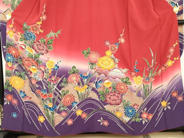 平和屋着物●紅型 振袖 鴛鴦梅松文 暈し染め 正絹 逸品 AABI2540cs