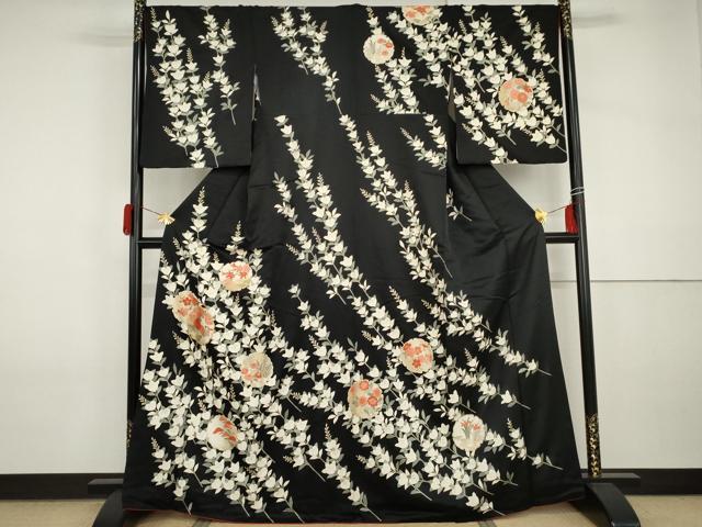 平和屋着物●訪問着 雪輪枝花文 黒地 金彩 やまと誂製 正絹 逸品 AABI2549cs
