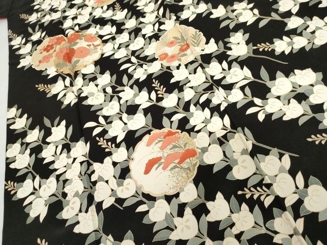 平和屋着物●訪問着 雪輪枝花文 黒地 金彩 やまと誂製 正絹 逸品 AABI2549cs