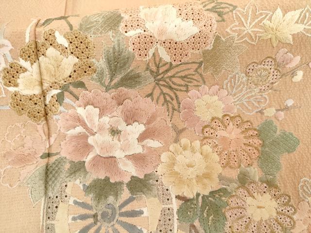平和屋着物●訪問着 中国三大刺繍 汕頭刺繍 スワトウ刺繍 花車文 暈し染め 金糸 金彩 正絹 逸品 AABI2556cs