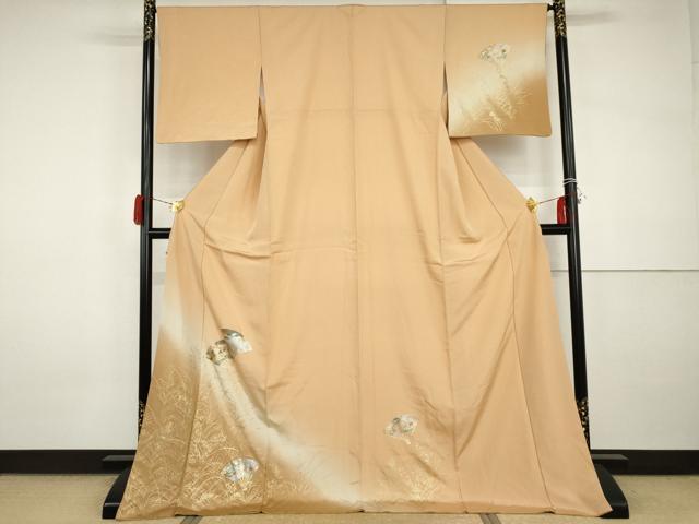 平和屋着物●訪問着 扇面枝葉文 暈し染め 金銀彩 ロング丈 正絹 逸品 AABI2557cs