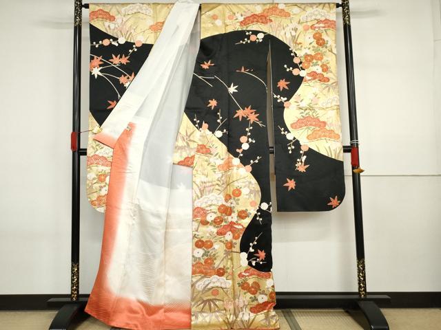 平和屋着物●豪華振袖・長襦袢(無双仕立て)セット 花松文 黒地 金彩 まるやま扱い 正絹 逸品 AABI2584cs