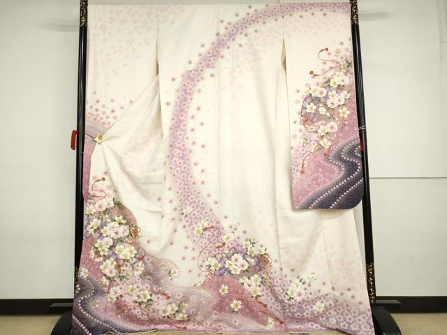 平和屋着物●豪華振袖 扇面花文 暈し染め 金彩 金銀糸 銀通し地 ロング丈 正絹 逸品 AABI2602cs