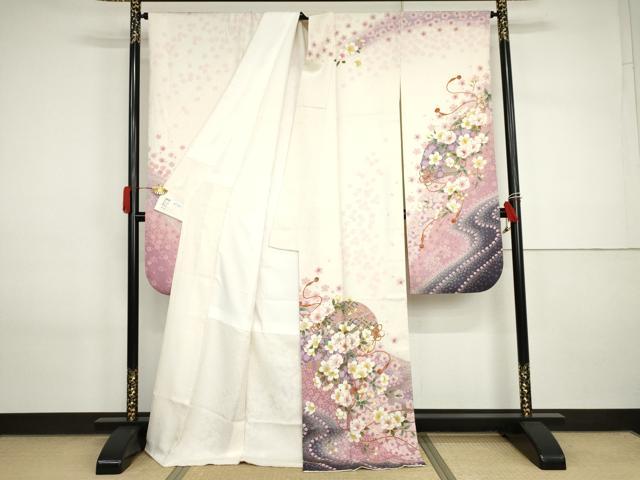 平和屋着物●豪華振袖 扇面花文 暈し染め 金彩 金銀糸 銀通し地 ロング丈 正絹 逸品 AABI2602cs