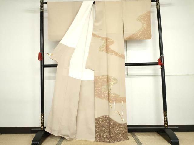 平和屋着物●訪問着 駒刺繍 木賊色 暈し染め 金彩 鬼しぼ縮緬 正絹 逸品 AABI2603cs