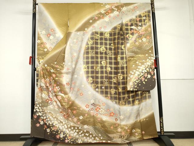 平和屋着物●豪華振袖 駒刺繍 御所車立波花文 暈し染め 金彩 正絹 逸品 AABI2628cs