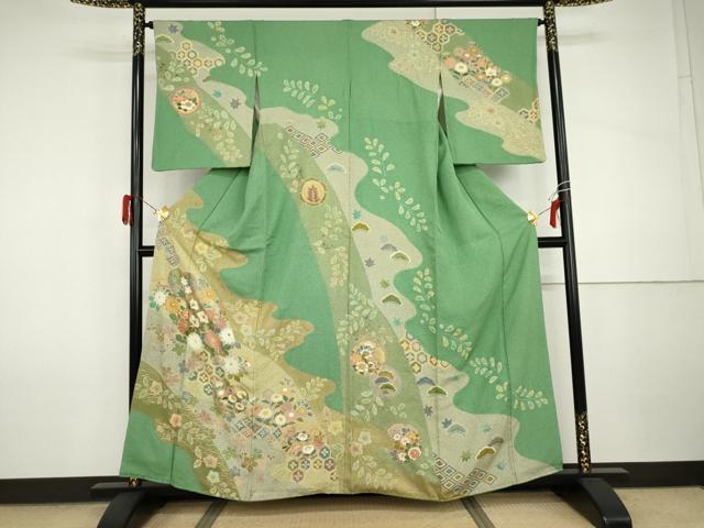 平和屋着物●訪問着 駒刺繍 絞り 雪輪花松文 金銀彩 正絹 逸品 AABI2631cs