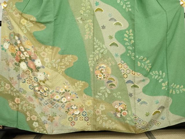 平和屋着物●訪問着 駒刺繍 絞り 雪輪花松文 金銀彩 正絹 逸品 AABI2631cs