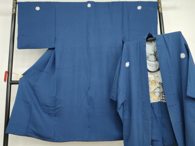 平和屋着物●男性 色紋付・羽織セット 色無地 瑠璃紺色 正絹 逸品 AABI2634cs