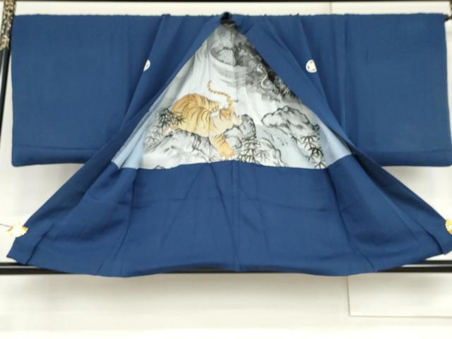 平和屋着物●男性 色紋付・羽織セット 色無地 瑠璃紺色 正絹 逸品 AABI2634cs