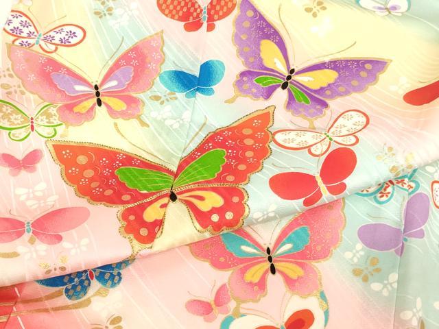 平和屋着物∵女の子 十三参り 子供 祝着・長襦袢(無双仕立て)・袋帯セット 駒刺繍 舞蝶文 暈し染め 金彩 逸品 AABI2764ja
