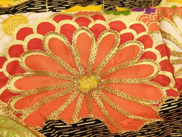 平和屋着物∵女の子 十三参り 子供 祝着 駒刺繍 扇面花文 金彩 逸品 AABI2820ja