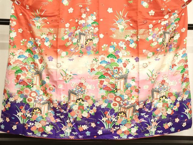 平和屋着物∵女の子 十三参り 子供 祝着 御所車花文 暈し染め 金彩 洗える着物 AABI2866ja